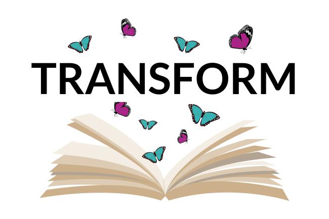Transform yourself through learning. Butterflies fly out of a book open down the middle.