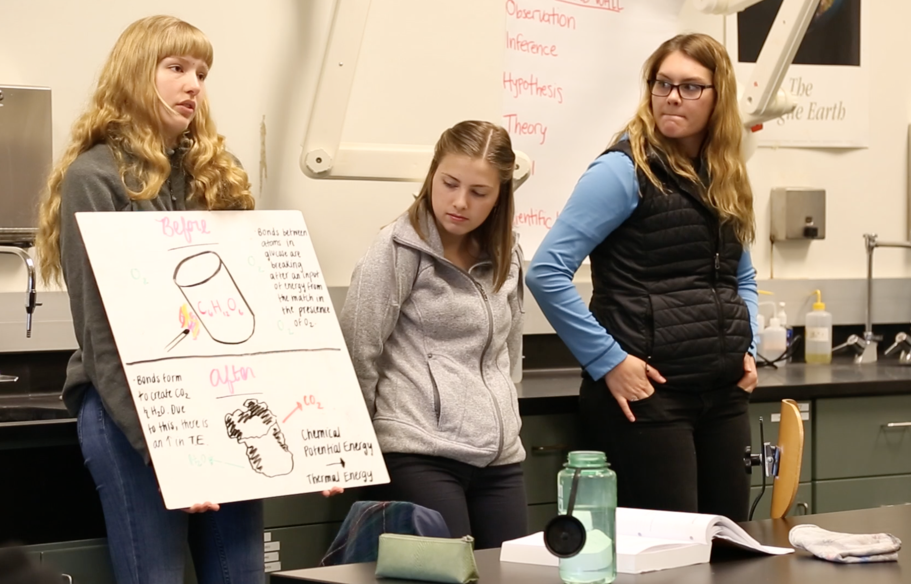 A group of students presenting their work on a whiteboard at the front of the class