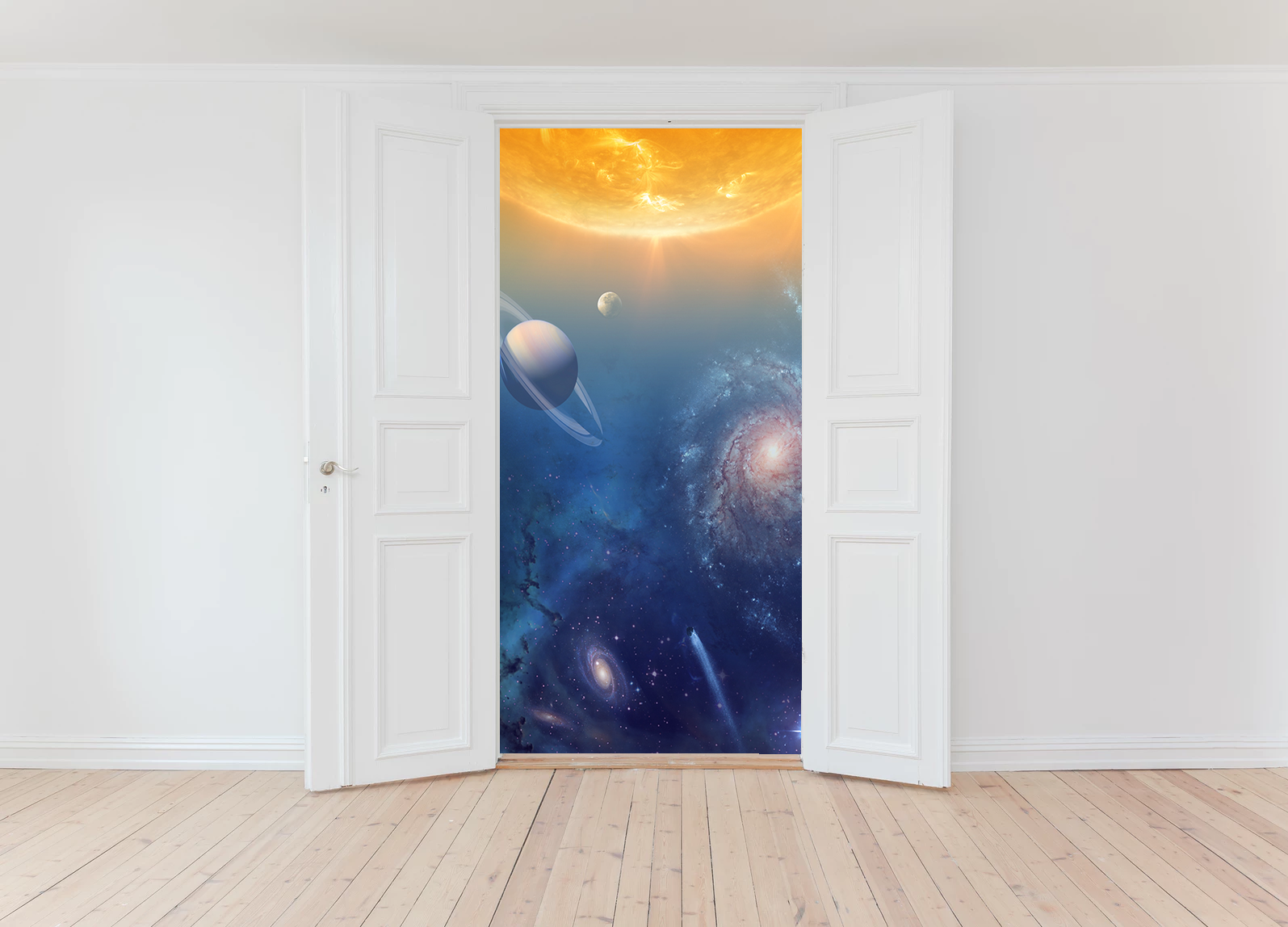 A door opened to a painting of the universe
