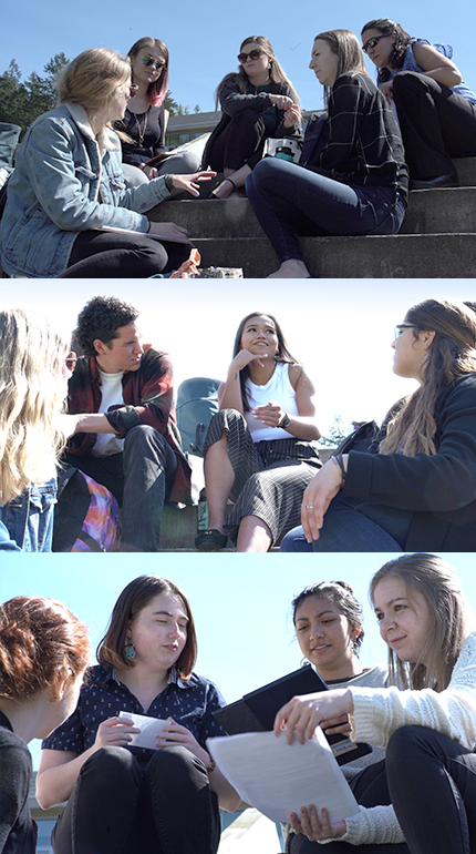 Three photos of student groups working outside