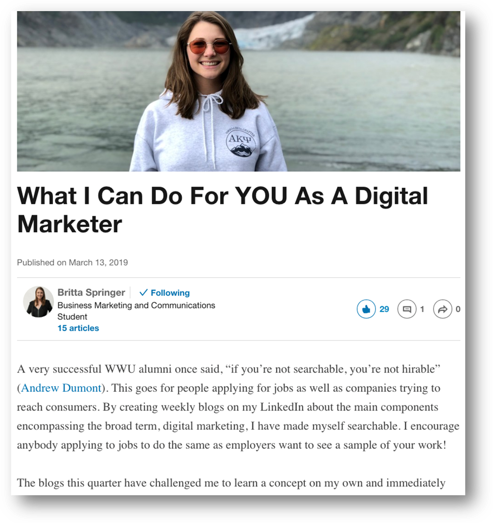 A student blog bost titled, 'What I Can Do For YOU As A Digital Marketer